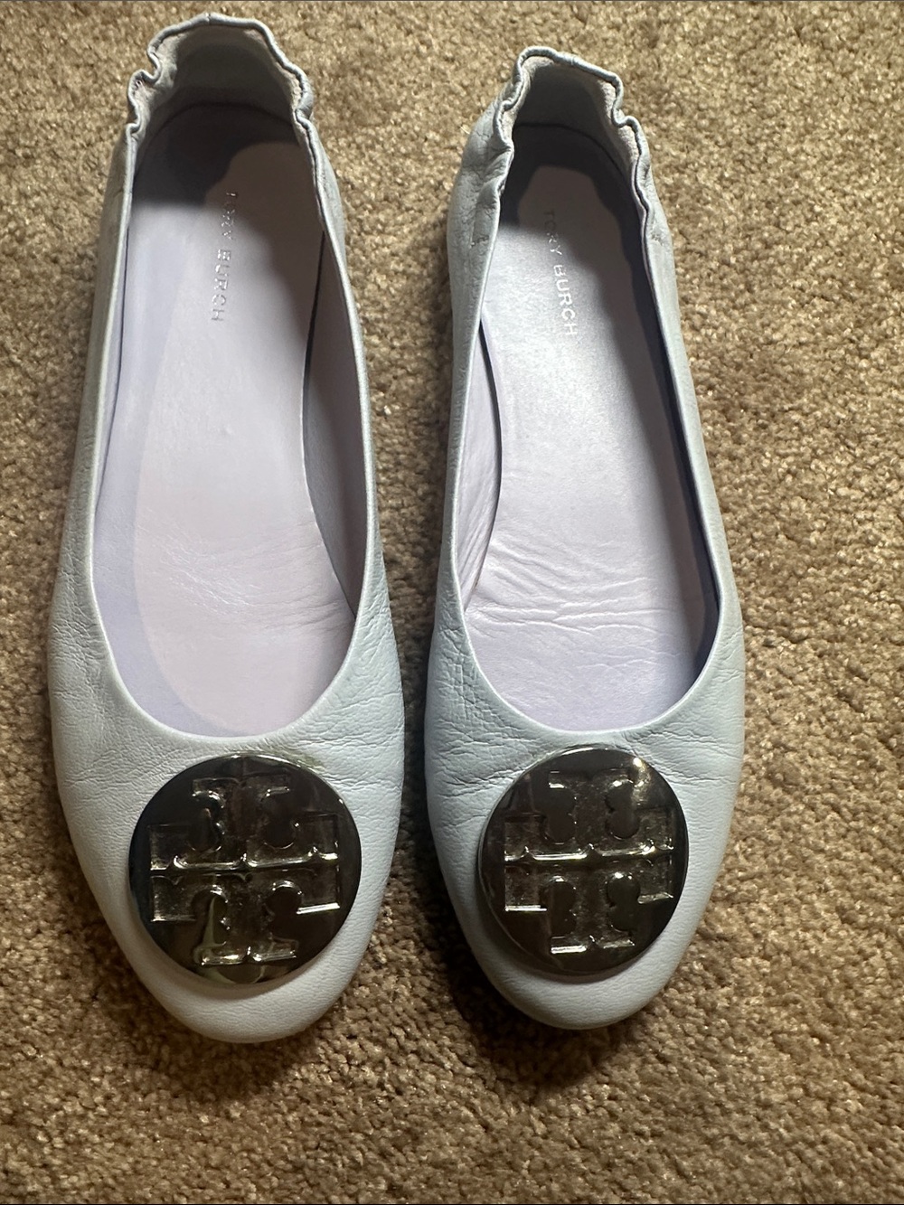 Tory Burch Claire Spring  Lavender Goat Leather Silver REVA BALLET FLATS 7.5